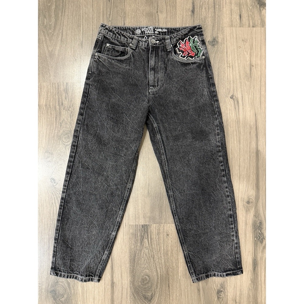 Ninth Hall Ambush Jeans Mens 30x27 Black Embroidered Snake Eagle Y2K Streetwear